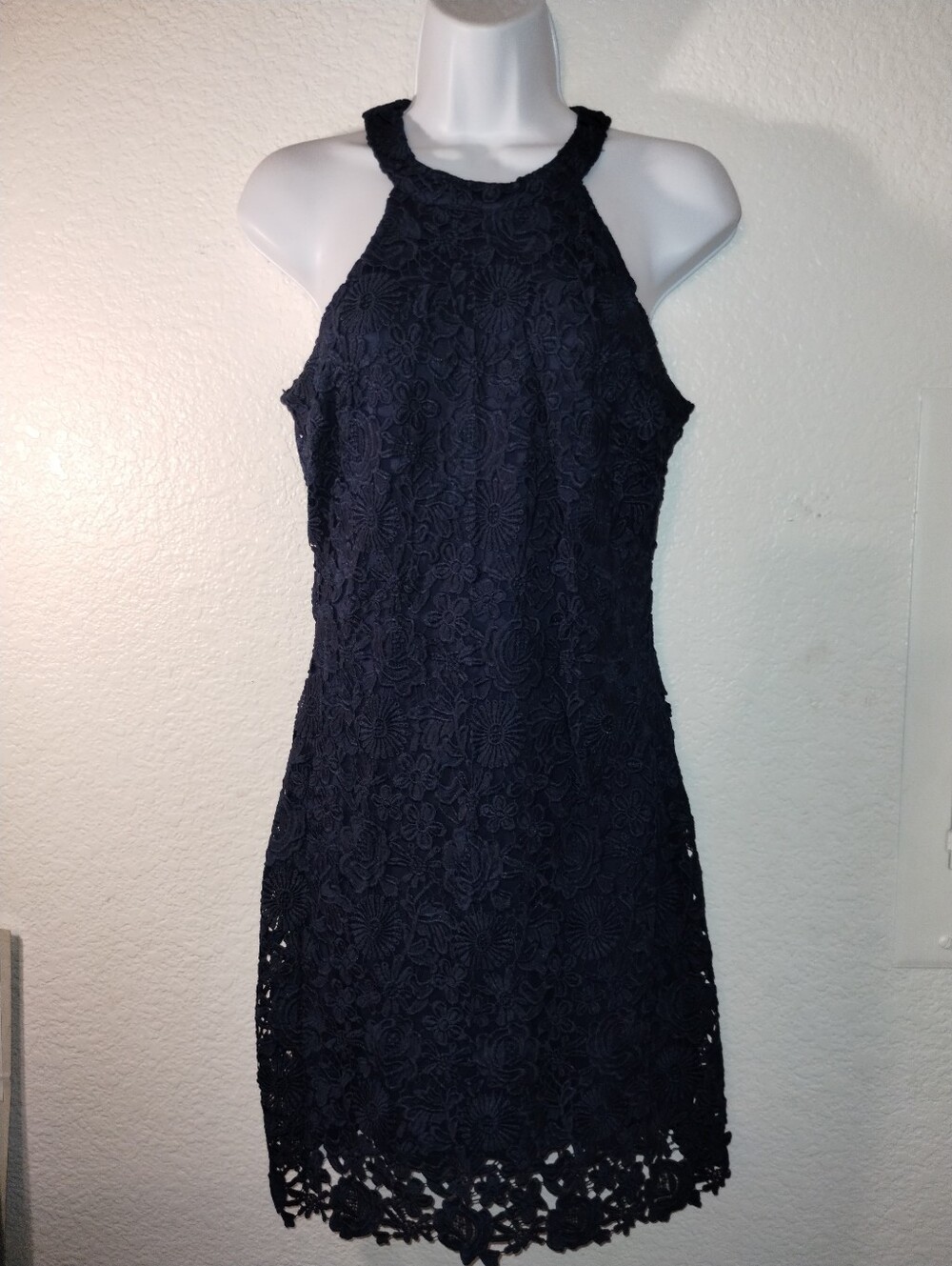 Lulus Dress Navy Blue Lace Crochet Overlay S/L sz 12 - Picture 1 of 17